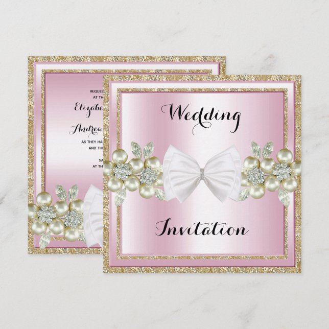 Elegante Sequins & Floral Gems Glitzer Bow Wedding Einladung (Vorne/Hinten)
