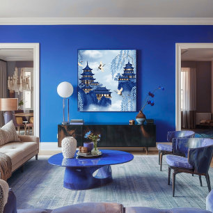 Elegante Serene Blaue Chinoiserie Berg-Dekoupage Seidenpapier