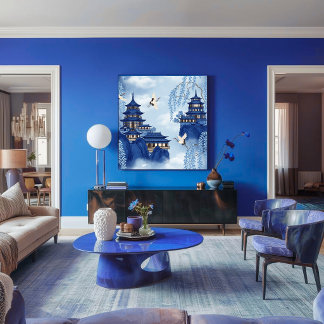 Elegante Serene Blaue Chinoiserie Berg-Dekoupage Seidenpapier