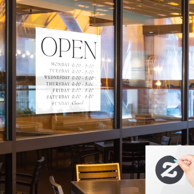 Elegante Serif Retail Open Sign Store Stunden Fensteraufkleber (Restaurantfenster)