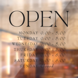 Elegante Serif Retail Open Sign Store Stunden Fensteraufkleber