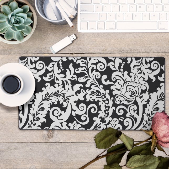 Élégante servante florale moderne noire et blanche (black and white elegant floral damask desk mat mouse pad)
