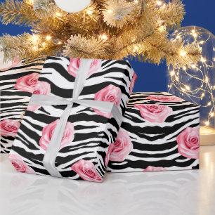 Elegante Shabby Chic rosa Rosen und Zebra-Streifen Geschenkpapier