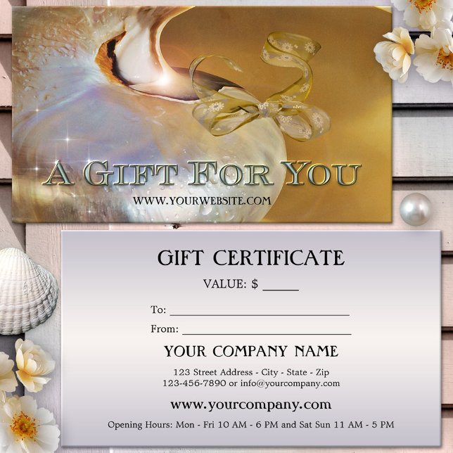 Elegante Shell-Fest-Geschenkbescheinigung (Gift card featuring a shining shell with festive bow and sparkling lights - nautical - coastal)