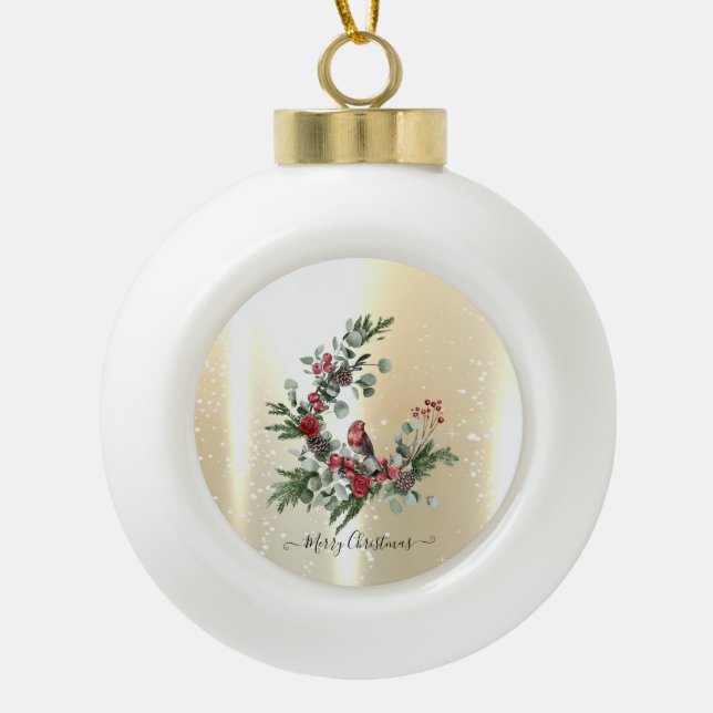 Elegante Shiny Imitate Gold, Wreath Red Kardinal Keramik Kugel-Ornament (Vorderseite)