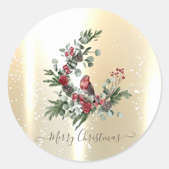 Elegante Shiny Imitate Gold, Wreath Red Kardinal Runder Aufkleber (Vorderseite)