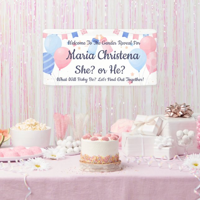Elegante „Sie oder Er?“ Gender Reveal Ballons Banner (Party)