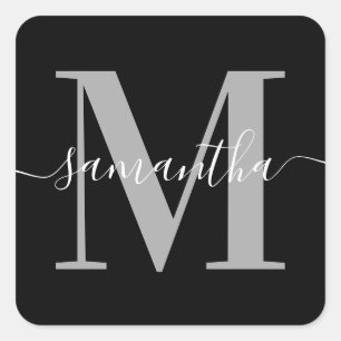 Elegante Signatur Grau Moderne Monogramm Schwarz Quadratischer Aufkleber