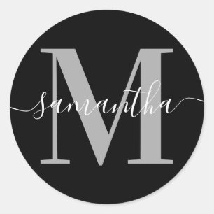 Elegante Signatur Grau Moderne Monogramm Schwarz Runder Aufkleber