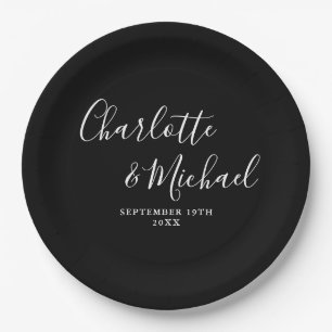 Elegante Signatur-Script Schwarz-Weiß-Hochzeit Pappteller