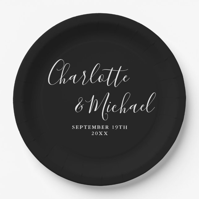 Elegante Signatur-Script Schwarz-Weiß-Hochzeit Pappteller (Vorderseite)