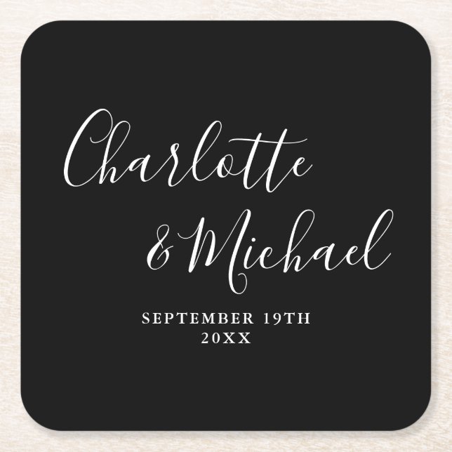 Elegante Signatur-Script Schwarz-Weiß-Hochzeit Rechteckiger Pappuntersetzer (Vorderseite)