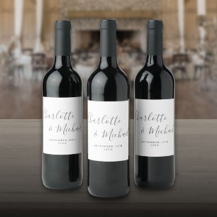 Elegante Signatur-Skript Graue und Weiße Hochzeit Weinetikett