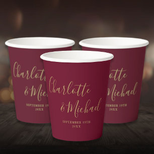 Elegante Signature Burgund und Gold Schrift Hochze Pappbecher