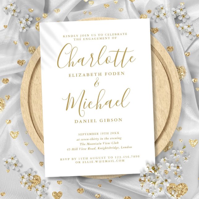 Elegante Signature Gold Script Engagement Party Einladung (Elegant Signature Gold Script Engagement Party Invitation)