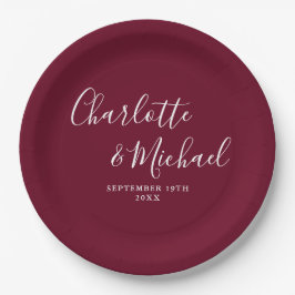Elegante Signature Script Burgundy Hochzeit Pappteller