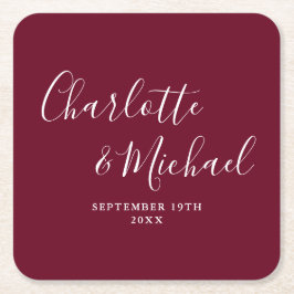 Elegante Signature Script Burgundy Hochzeit Rechteckiger Pappuntersetzer
