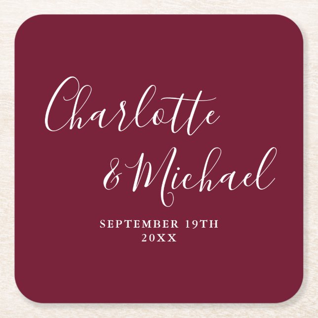 Elegante Signature Script Burgundy Hochzeit Rechteckiger Pappuntersetzer (Vorderseite)