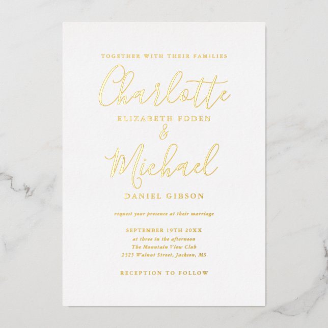 Elegante Signature Script Calligraphy Wedding Gold Folieneinladung (Vorderseite)