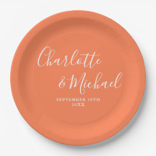 Elegante Signature Script Coral Hochzeit Pappteller