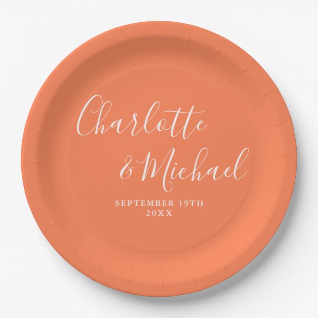 Elegante Signature Script Coral Hochzeit Pappteller (Vorderseite)