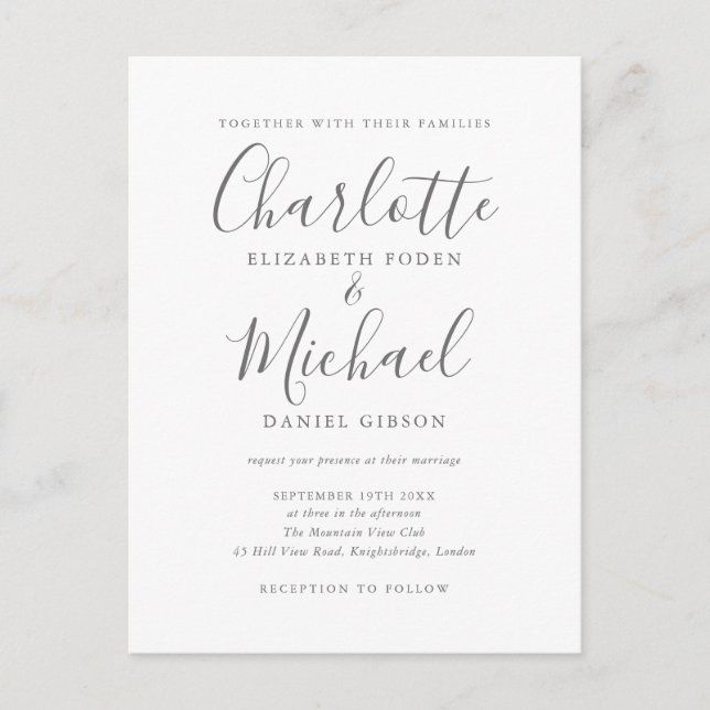 Elegante Signature Script-Hochzeit Einladungspostkarte (Vorderseite)