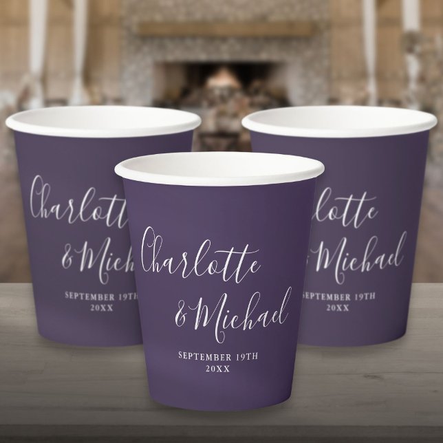 Elegante Signature Script Lila Hochzeit Pappbecher (Elegant Signature Script Purple Wedding Paper Cups)