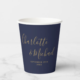 Elegante Signature Script Navy Blue Gold Hochzeit Pappbecher