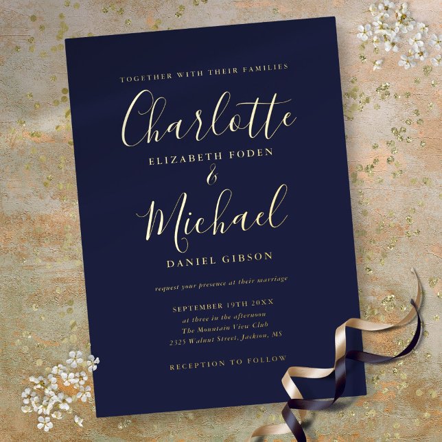 Elegante Signature Script Navy Blue Wedding Gold Folieneinladung (Elegant Signature Script Navy Blue Wedding Gold Foil Invitation)