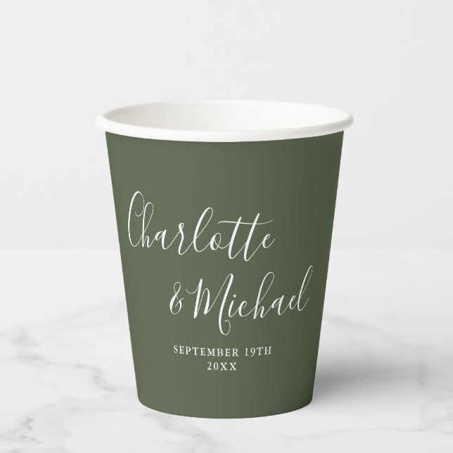 Elegante Signature Script Olive Green Wedding Pappbecher (Vorderseite)