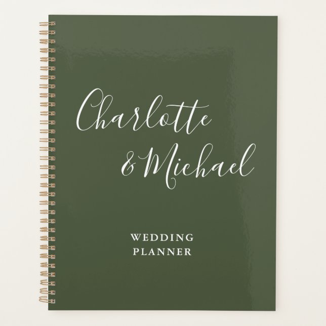 Elegante Signature Script Olive Green Wedding Planer (Vorderseite)