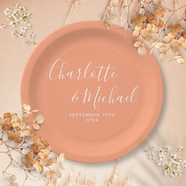 Elegante Signature Script Peach Hochzeit Pappteller (Elegant Signature Script Peach Wedding Paper Plates)