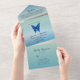 Elegante Silber Blaue Schmetterlings Hochzeit All In One Einladung