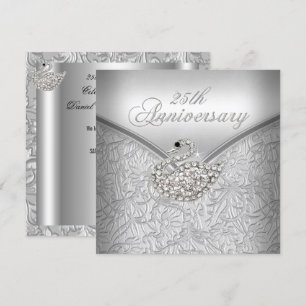 Elegante Silber Damast Weißer Schwan 25. Hochzeits Einladung