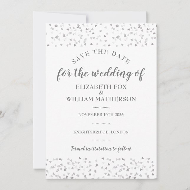 Elegante Silber Hearts Wedding Save the Date Card (Vorderseite)