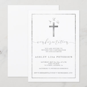 Elegante Silber-Kreuz-Monogramm-Bestätigung Einladung