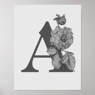 Elegante Silber-Pfingstrose mit Monogramm Anfangsb Poster