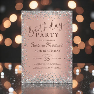 Elegante Silber-Roségold-Glitter 80. Geburtstag Einladung