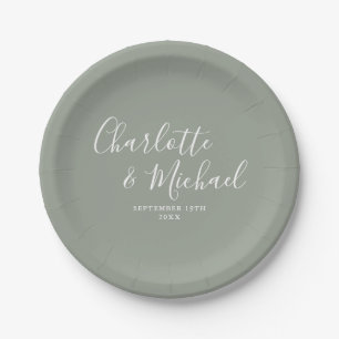 Elegante Silber-Salbei-Signatur-Hochzeit Pappteller