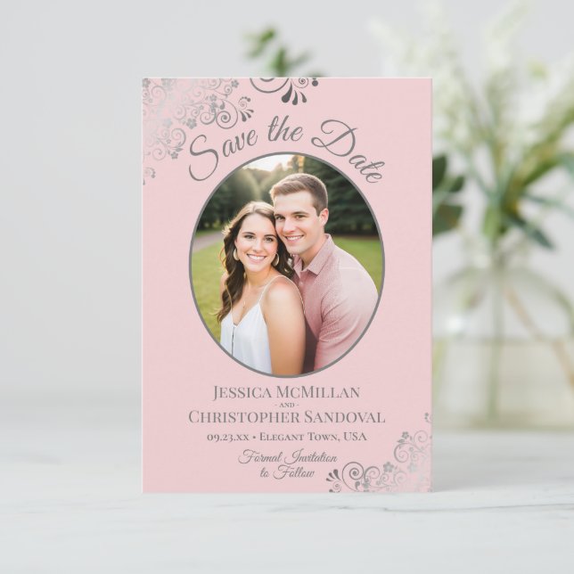 Elegante Silber-Schnürsenkel und Foto auf Rosa Blu Save The Date (Stehend Vorderseite)