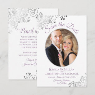 Elegante Silber-Spitze Foto Lavendel & Weiße Hochz Save The Date