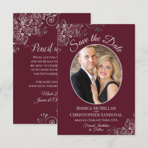 Elegante Silber-Spitze und Foto auf burgunderroter Save The Date