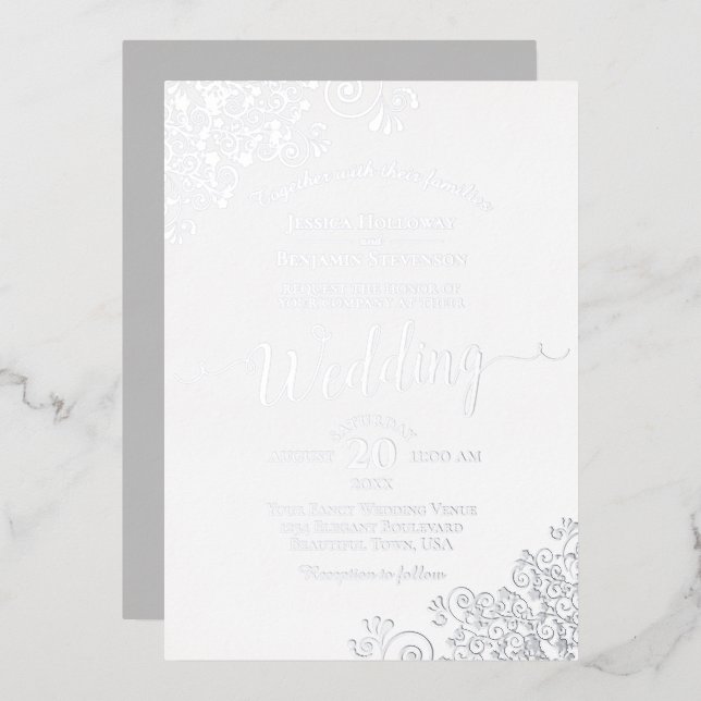 Elegante Silber-Spitzen auf klassischer weißer Hoc Folieneinladung (Vorderseite/Rückseite)