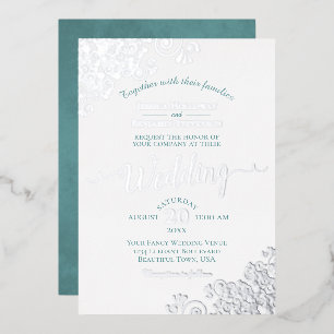 Elegante Silber-Spitzen und Aquamarin auf White We Folieneinladung