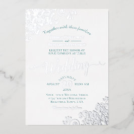 Elegante Silber-Spitzen und Aquamarin auf White We Folieneinladung