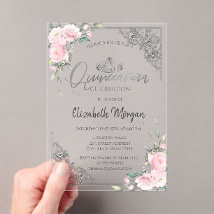 Elegante Silber-Tiara, Diamantene rosa Blumen Quin Acryleinladungen