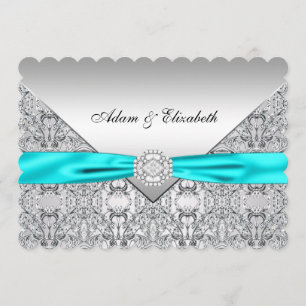Elegante Silber- und Blaugrüne Spitze Hochzeit Einladung