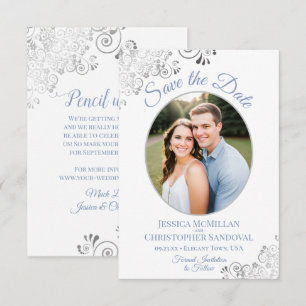 Elegante Silber- und Blautöne auf weißem Foto-Hoch Save The Date