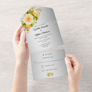 Elegante Silber- und gelbe Rosen Hochzeit All In One Einladung