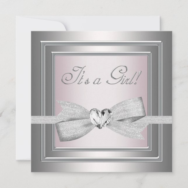 Elegante Silber und Pink Baby Girl Dusche Einladung (Vorderseite)